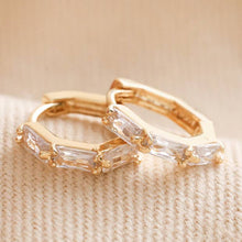 Load image into Gallery viewer, Baguette Crystal Huggie Hoop Earrings in Gold