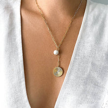 Load image into Gallery viewer, Sunburst Pendant Y- Necklace with Pearl Drop
