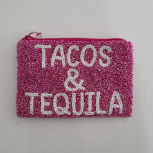 Hand Beaded Change Purse TACOS & TEQUILA: Fuchsia/ White